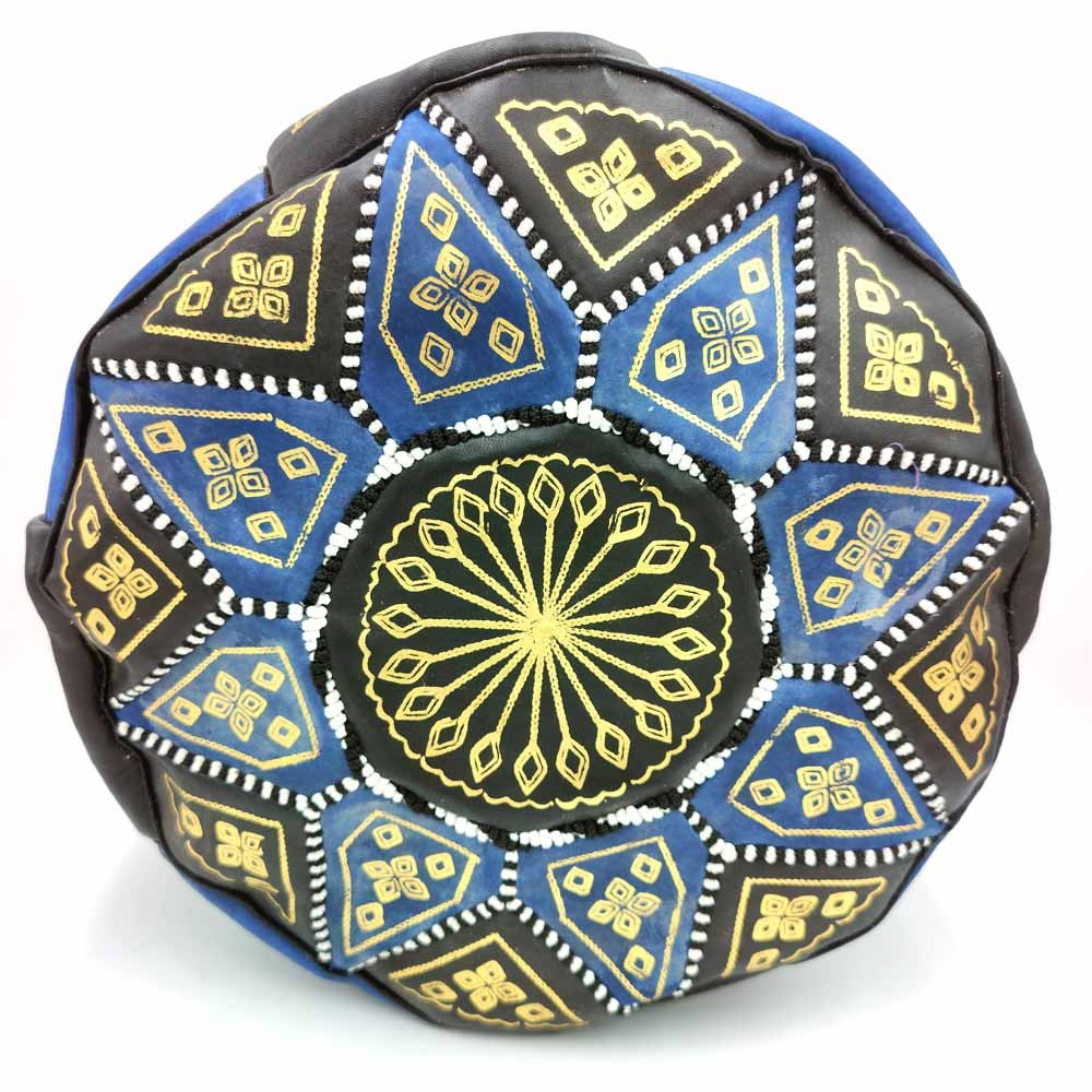 Puff Árabe Cuero 100% - Color Azul Artesanía Marroquí - Modelo Aswad Azrak
