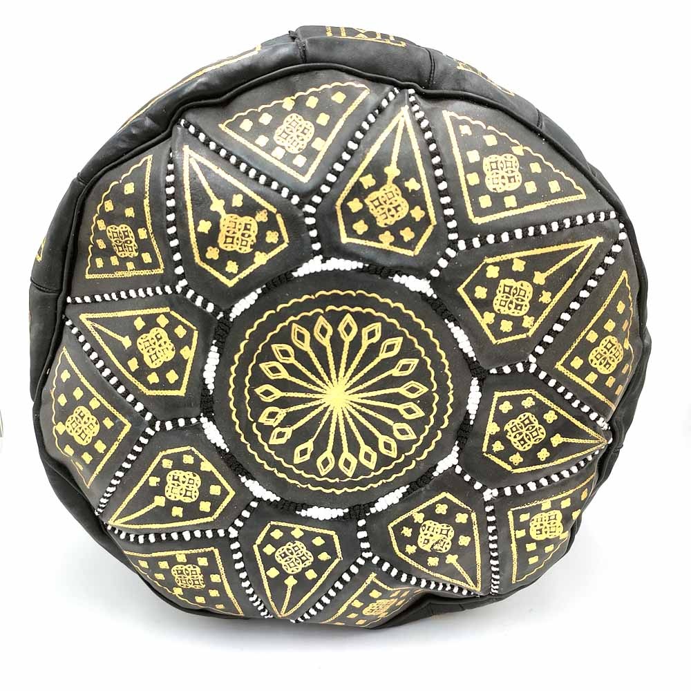 Puff Árabe Cuero 100% - Color Negro Artesanía Marroquí - Modelo Aswad kaamil