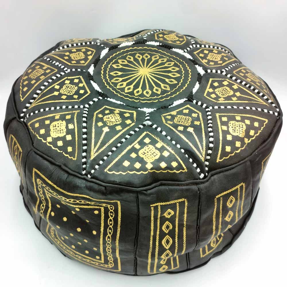 Puff Árabe Cuero 100% - Color Negro Artesanía Marroquí - Modelo Aswad kaamil