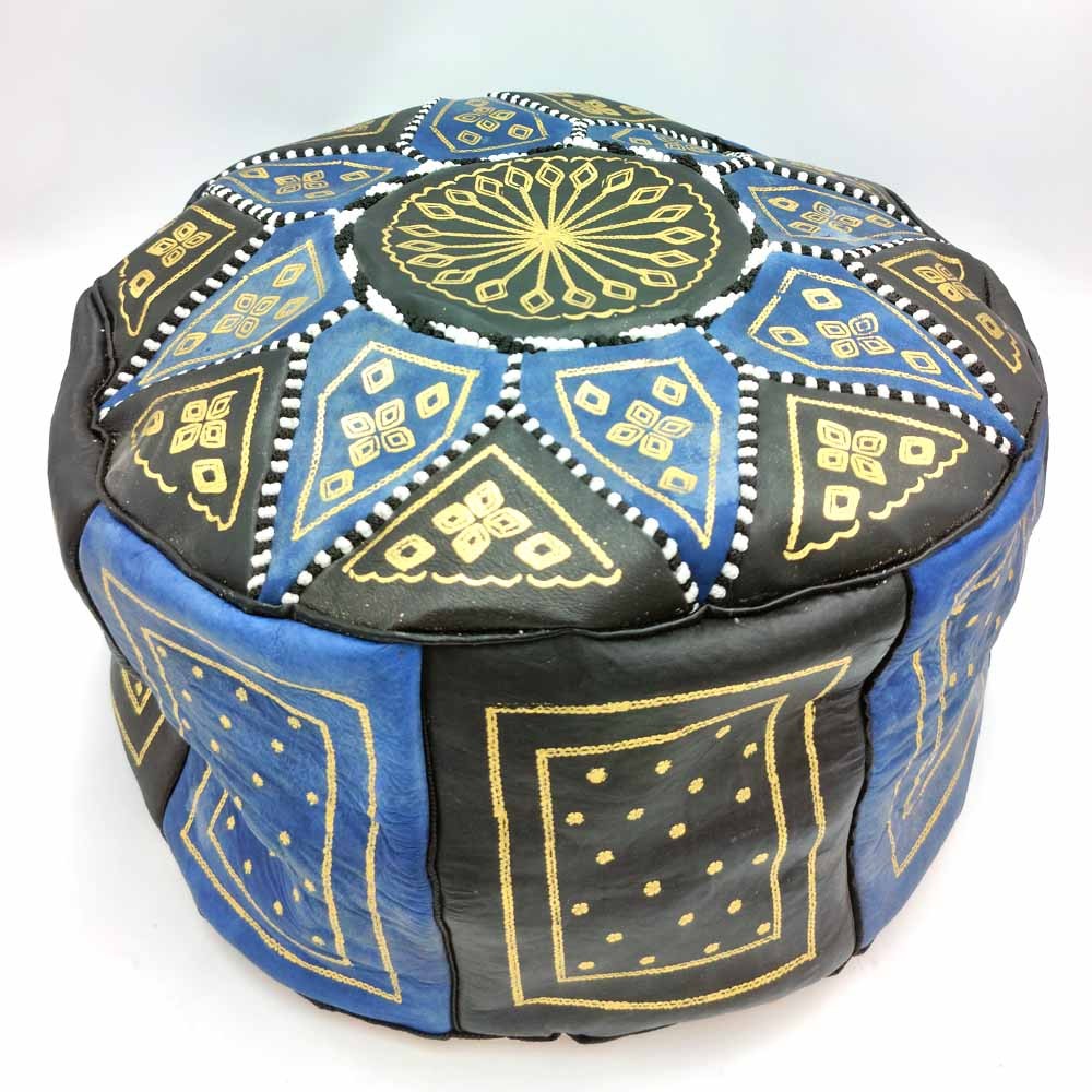Puff Árabe Cuero 100% - Color Azul Artesanía Marroquí - Modelo Aswad Azrak