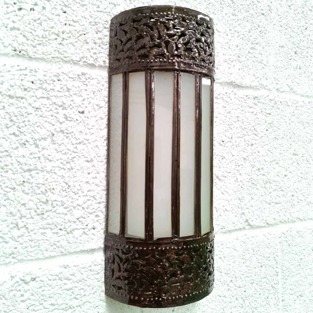 Aplique Pantalla Artesanía Marroquí Metal y Cristal - Color Cobre y Blanco - Modelo Nisfun AbiadSerie Sable