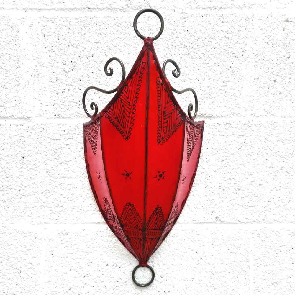 Aplique Pared Pantalla Piel Rojo Decorado con Henna Artesanía Marroquí Modelo Aldurue