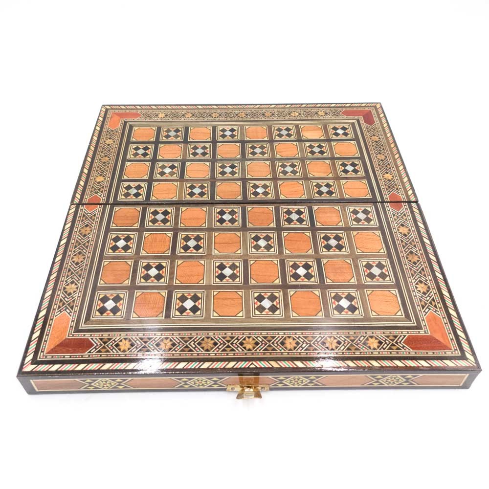 Juego Ajedrez Plegable + Fichas Madera (Taracea de Siria)