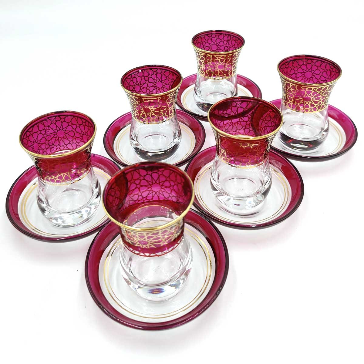 Set Juego 6 Vasos de Té Turco con Platitos - Artesanía Turca - Decoración Árabe - Modelo Samaui
