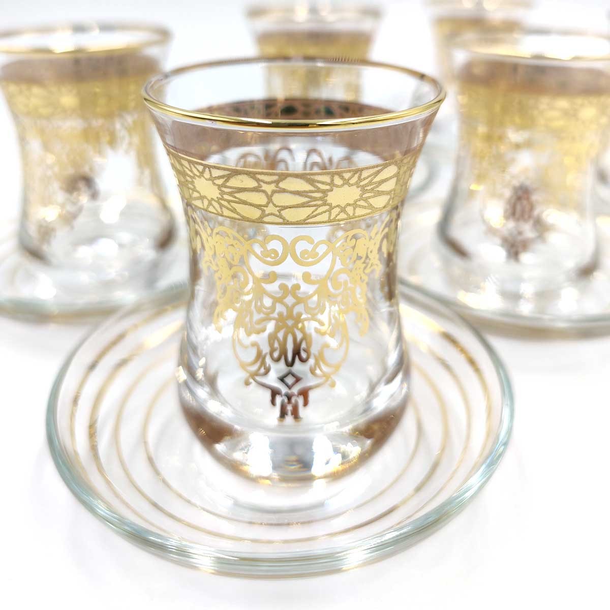 Set Juego 6 Vasos de Té Turco con Platitos - Artesanía Turca - Decoración Árabe - Modelo Fiddati