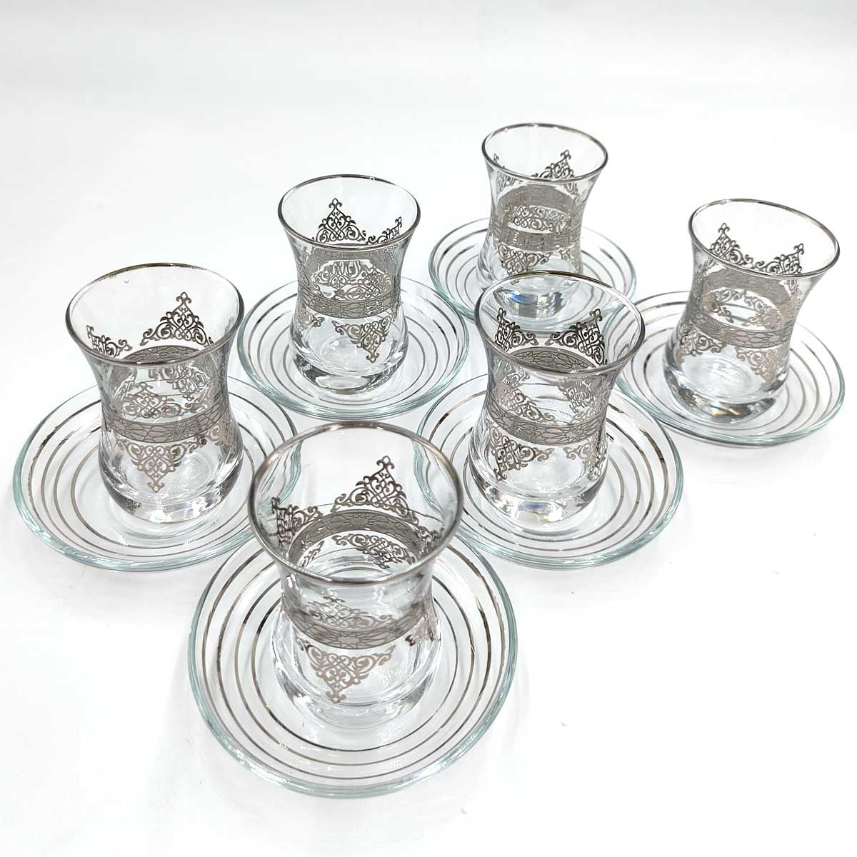 Set Juego 6 Vasos de Té Turco con Platitos - Artesanía Turca - Decoración Turca - Modelo Antara