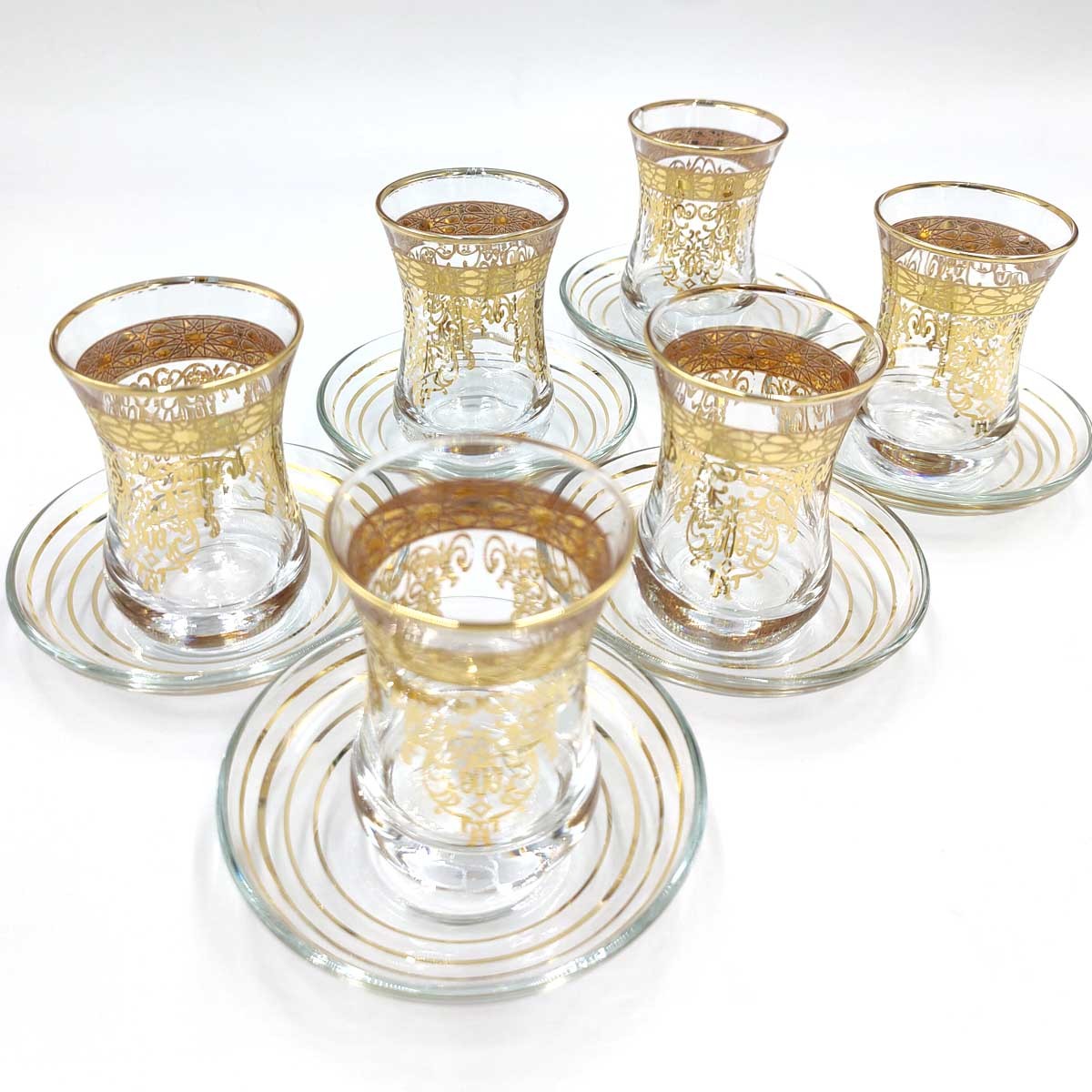Set Juego 6 Vasos de Té Turco con Platitos - Artesanía Turca - Decoración Turca - Modelo Antara