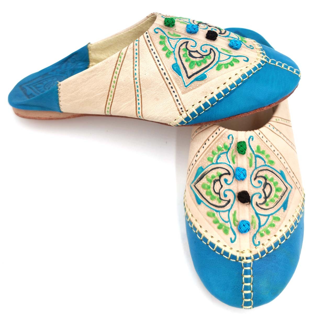 Babucha Marroquí Mujer - Color Turquesa - Artesanía Marroquí Cuero Autentico - Modelo Azrar