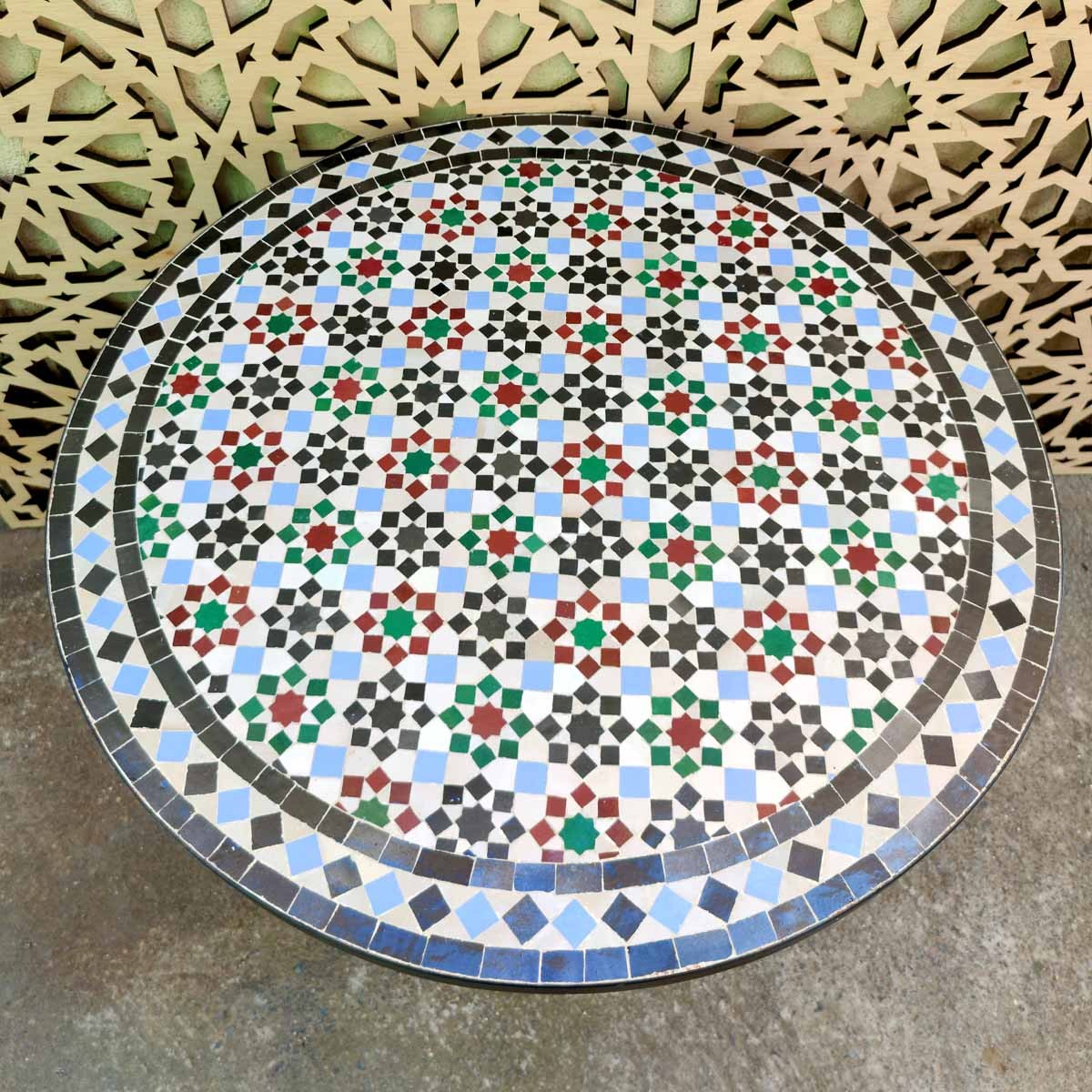 Mesa de mosaico artesanal andalusí jardín terraza árabe verano Modelo Dair Mulawan
