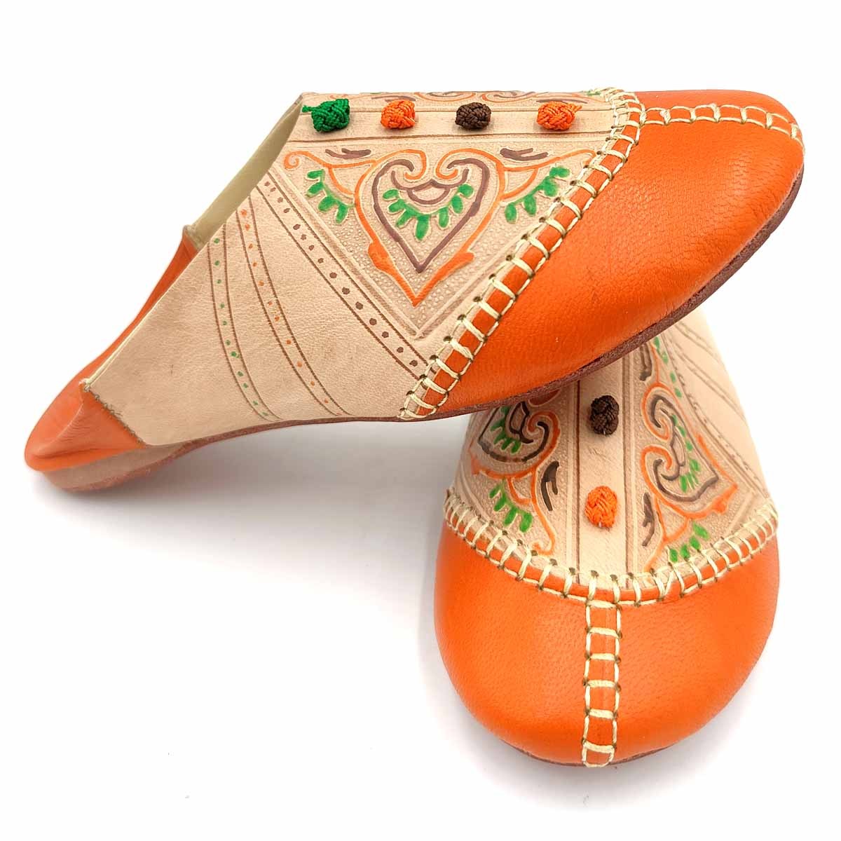 Babucha Marroquí Mujer - Color Naranja - Artesanía Marroquí Cuero Autentico - Modelo Azrar