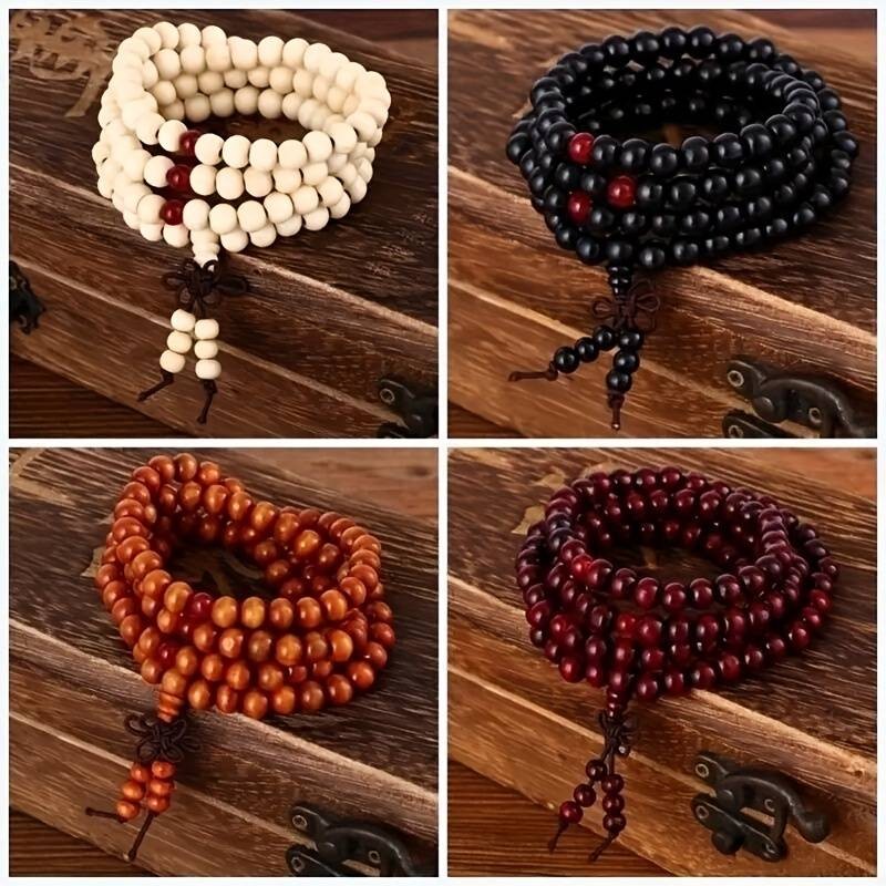 Pulsera de madera de sándalo, cordón elástico, con cuentas, pintadas a mano UNISEX