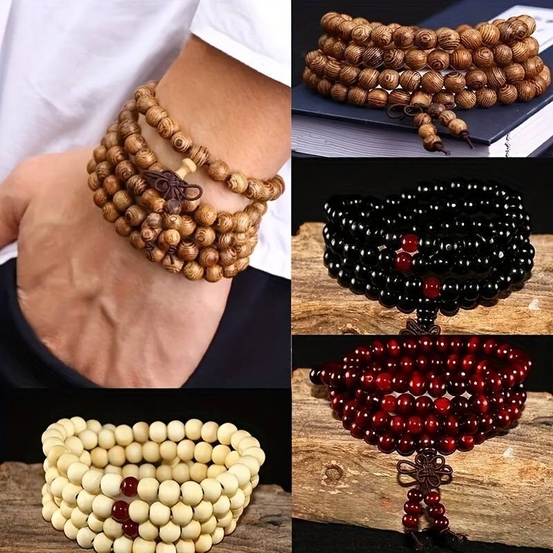 Pulsera de madera de sándalo, cordón elástico, con cuentas, pintadas a mano UNISEX