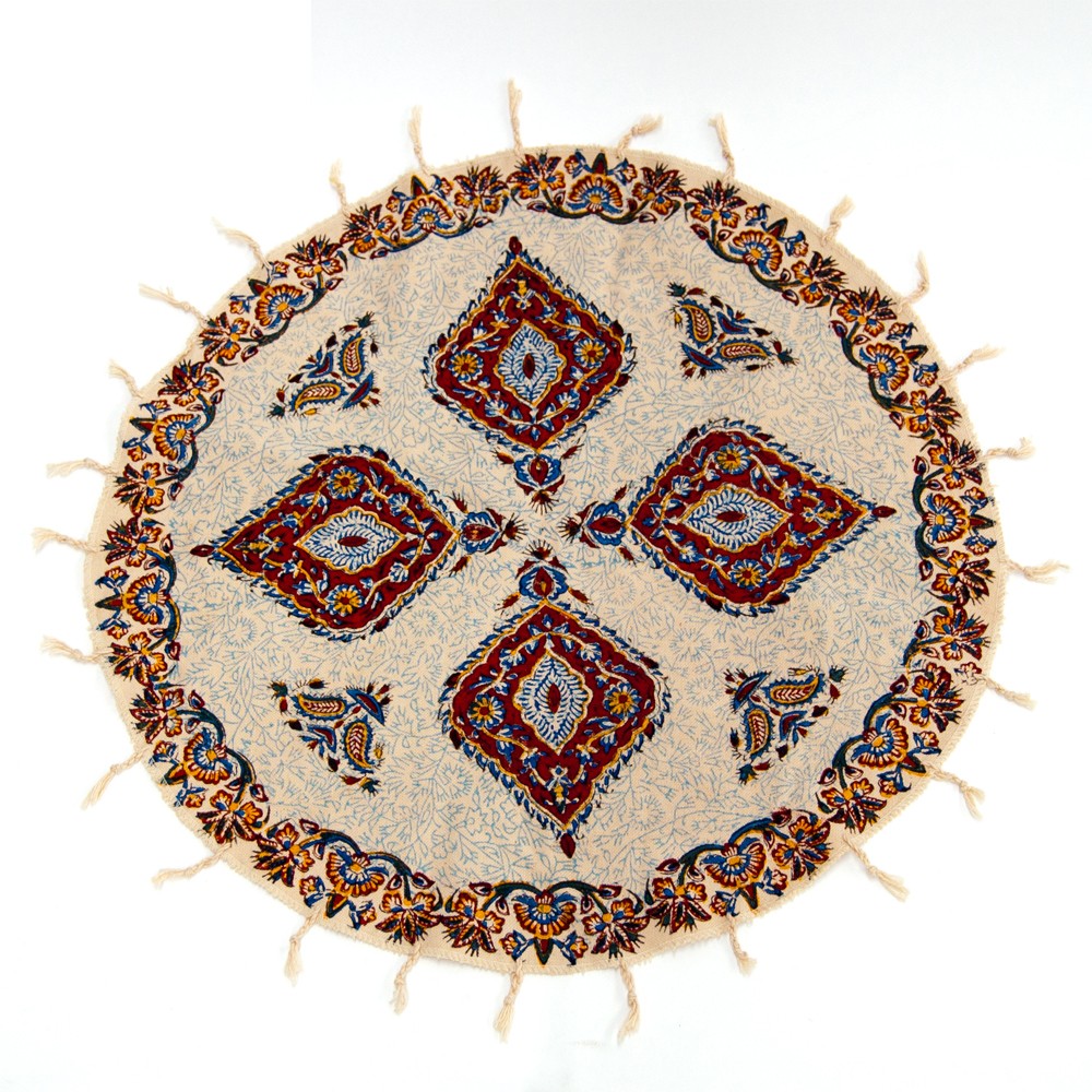 Tapete Redondo de Algodón Artesanal 150 cm - Hecho a Mano con Tintes Vegetales y Motivos Florales Únicos