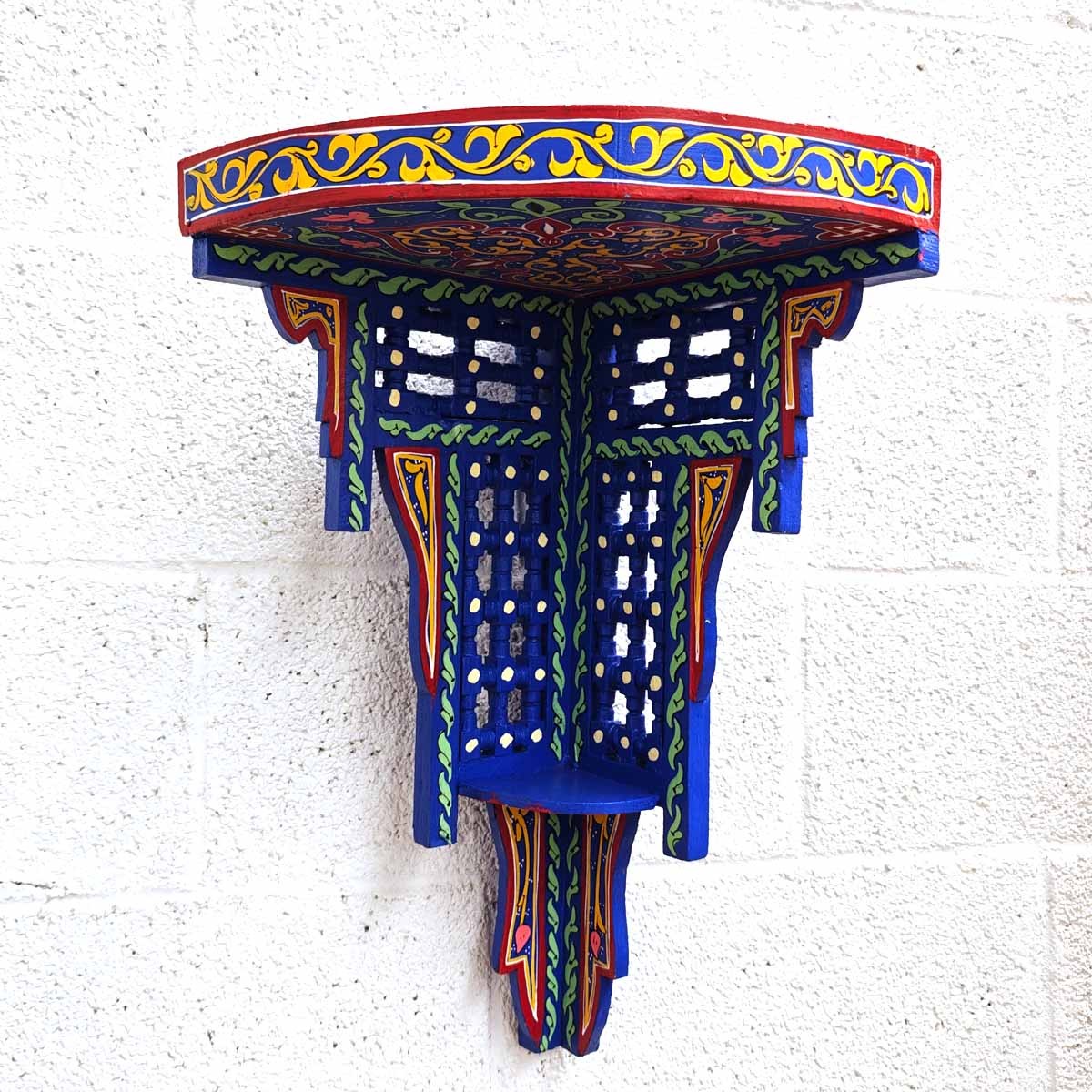 Estantería Esquinera Artesanal de Madera – Pintada a Mano con Diseño Andalusí - Modelo RUKNIA