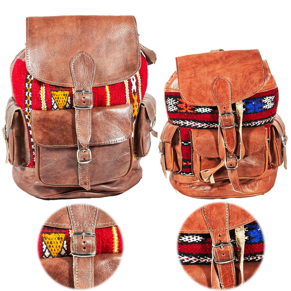 Mochila Cuero Tapíz - Artesanía Etnica Africana-Varios Bolsillos