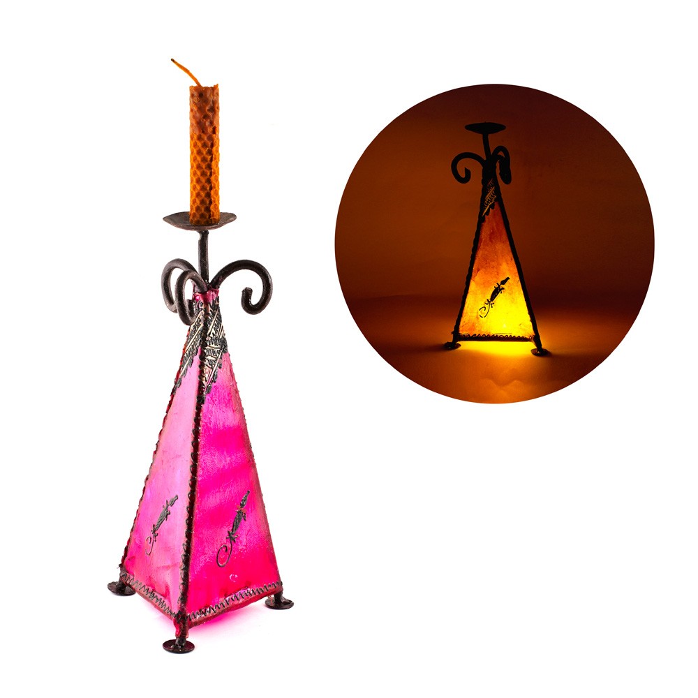 Porta Velas Piel Pirámide - Pintado con Henna - Vela Led