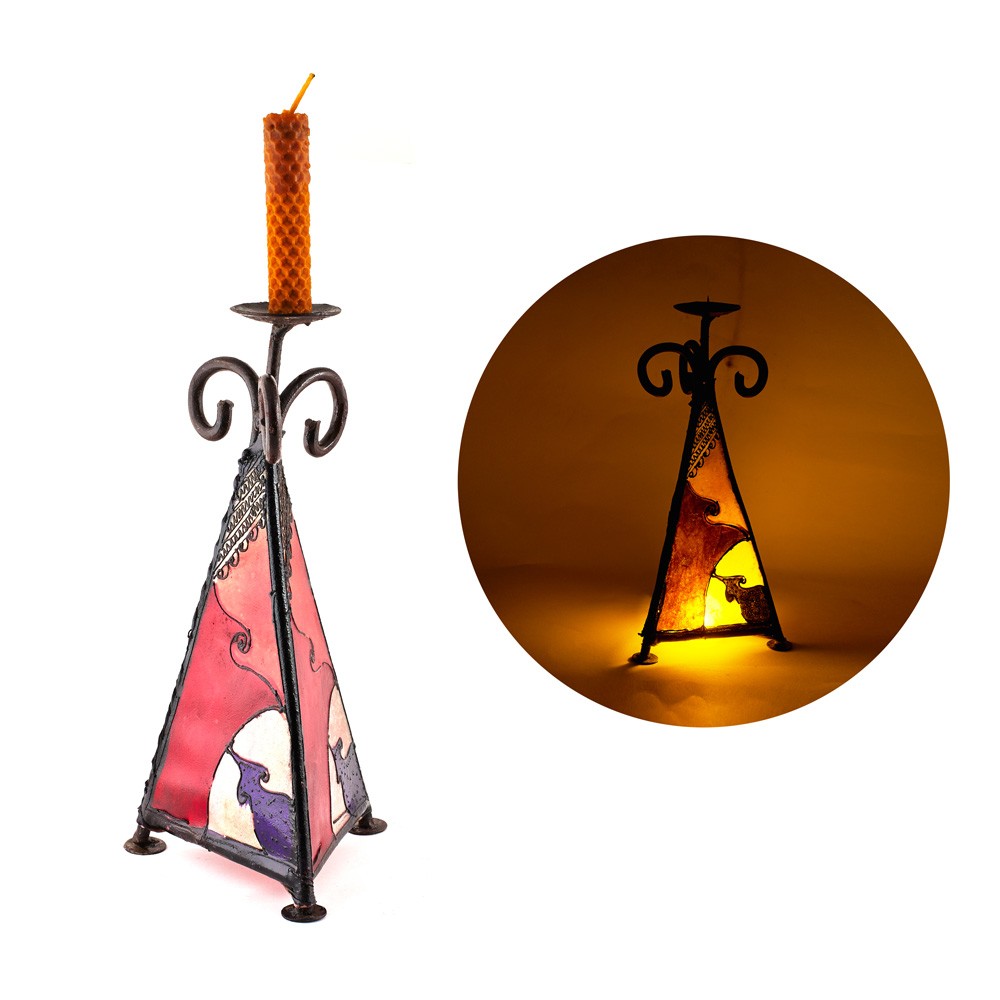Porta Velas Piel Pirámide - Pintado con Henna - Vela Led