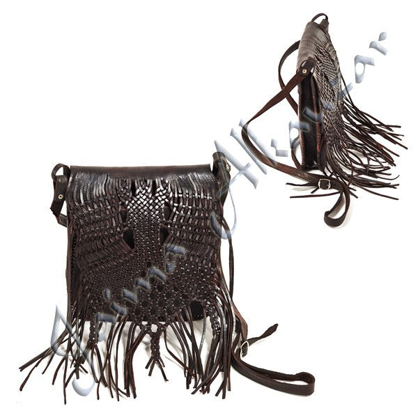 Bolso Cuero Flecos - Artesanal - 2 Colores - 3 Bolsillos-Calidad