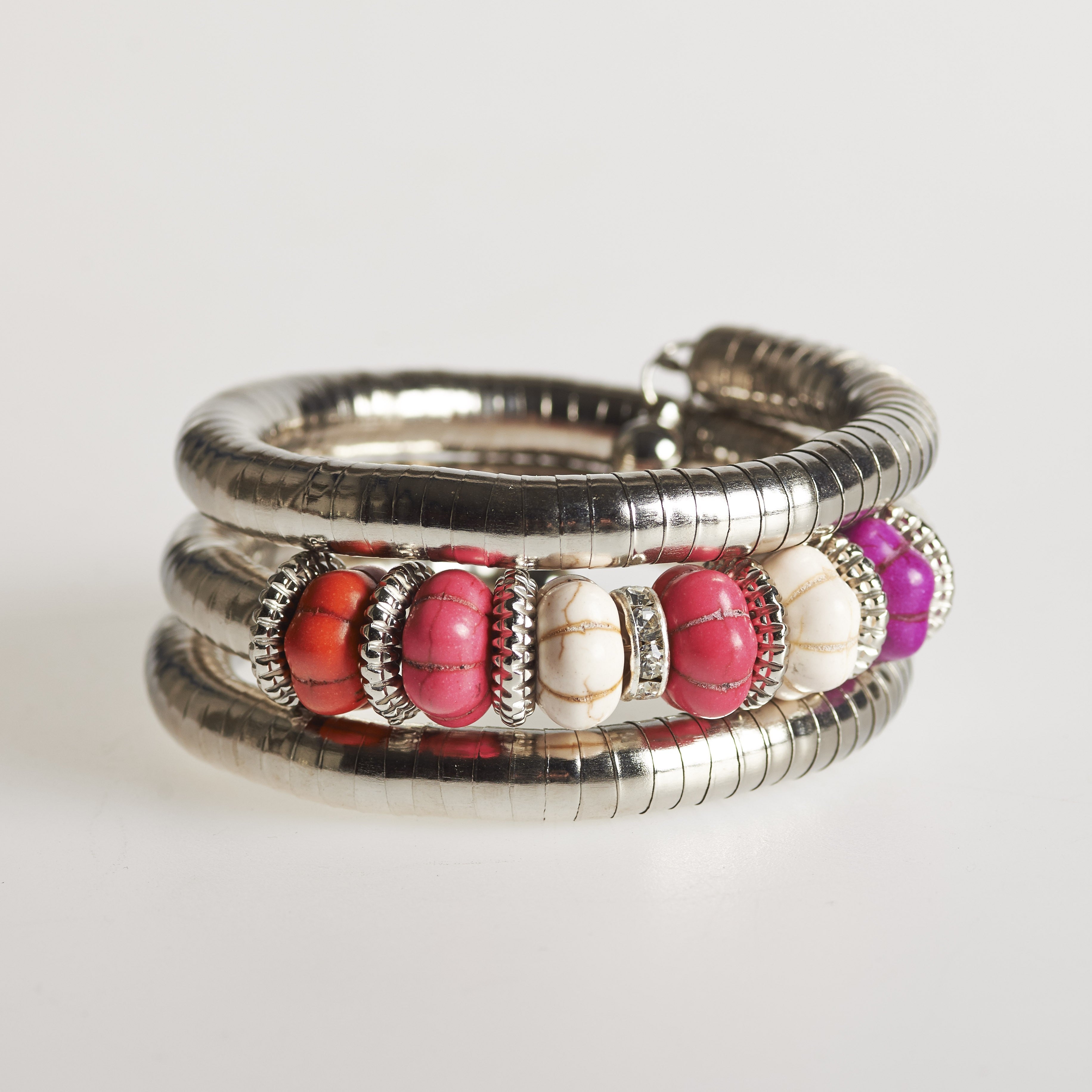 Pulsera espiral plateada - piedrecitas varios colores