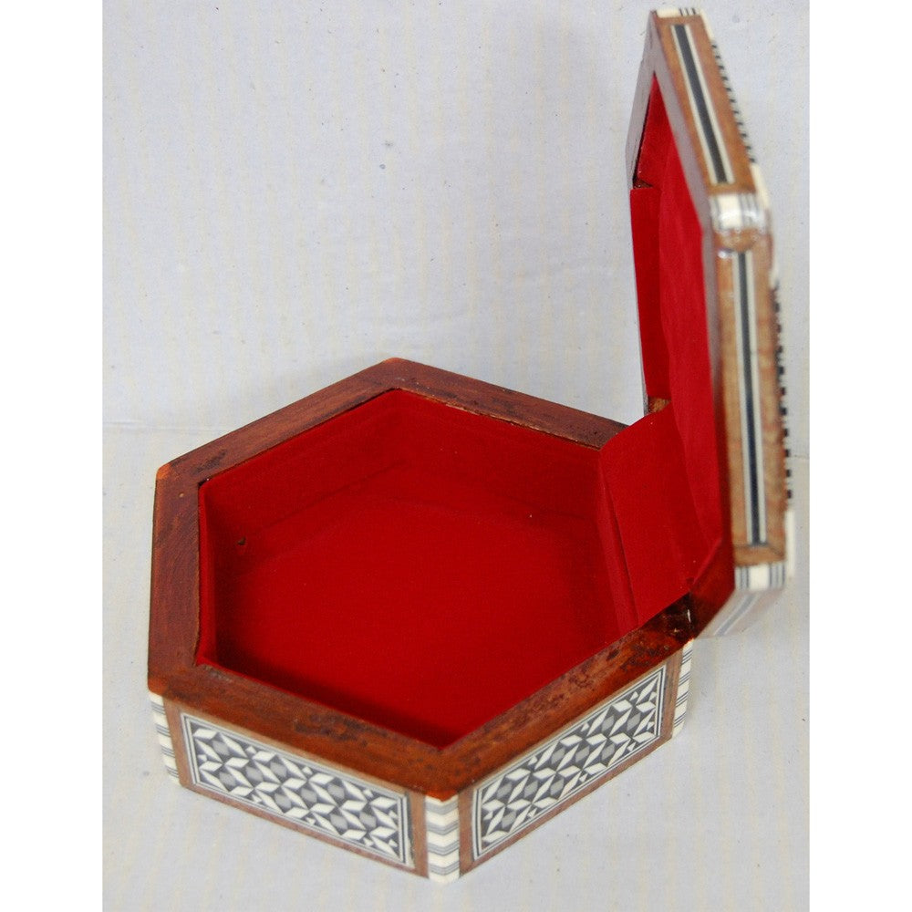 Caja de Taracea con Nacar Hexagonal Forrado Terciopelo