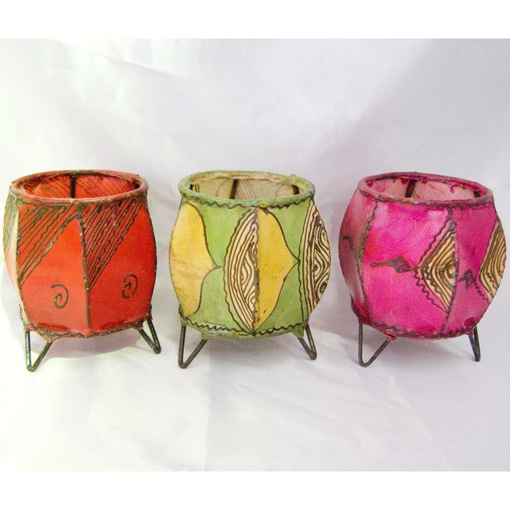 Porta Velas Piel Redondo - Pintado con Henna - Varios Modelos