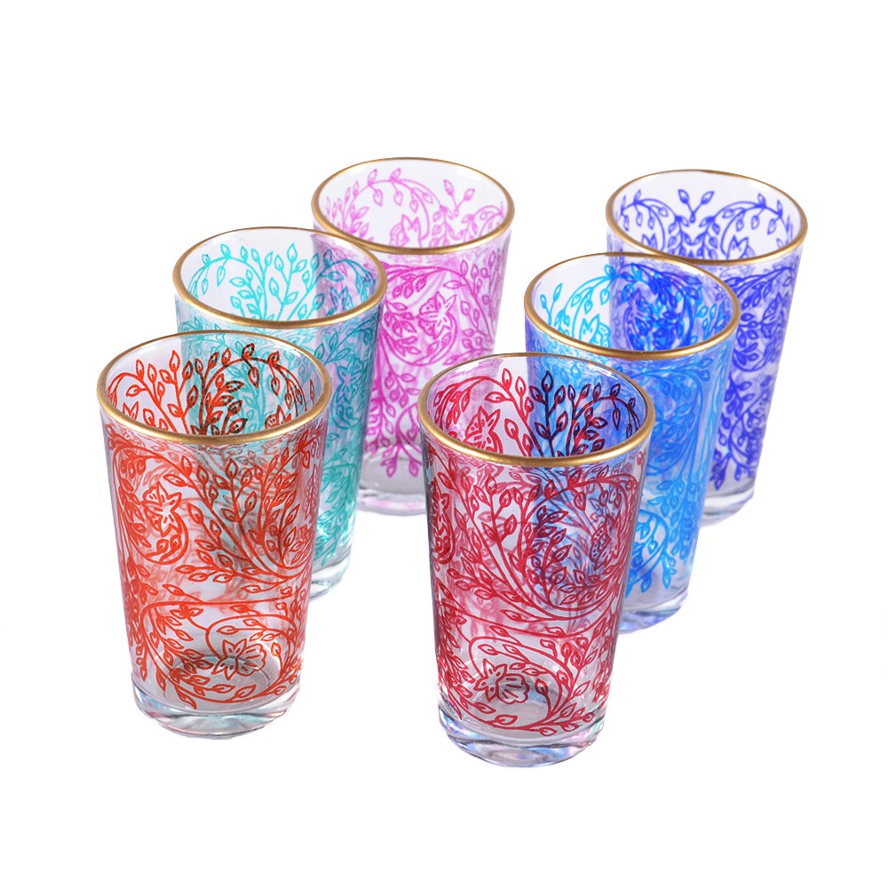 Juego 6 Vasos Arabes - Mano de Fátima - Multicolor - Diseño floral - Modelo 7