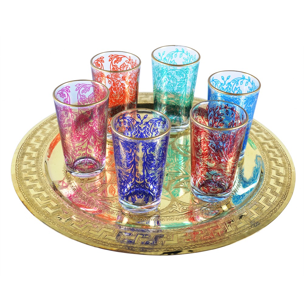 Juego 6 Vasos Arabes - Mano de Fátima - Multicolor - Diseño floral - Modelo 7