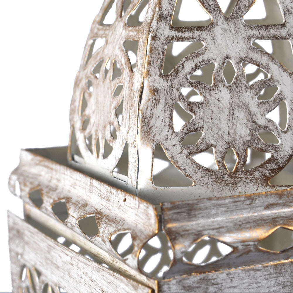 Farol Envejecido- Blanco- Rectángulo-Celosia Calada- 21 cm