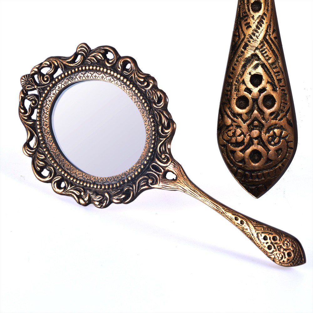 Espejo Mano Fundición Bronce Envejecido - Artesano - 26 cm