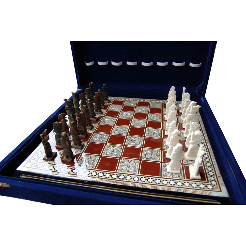 Ajedrez Taracea Siria - Fichas Hueso - Funda Terciopelo