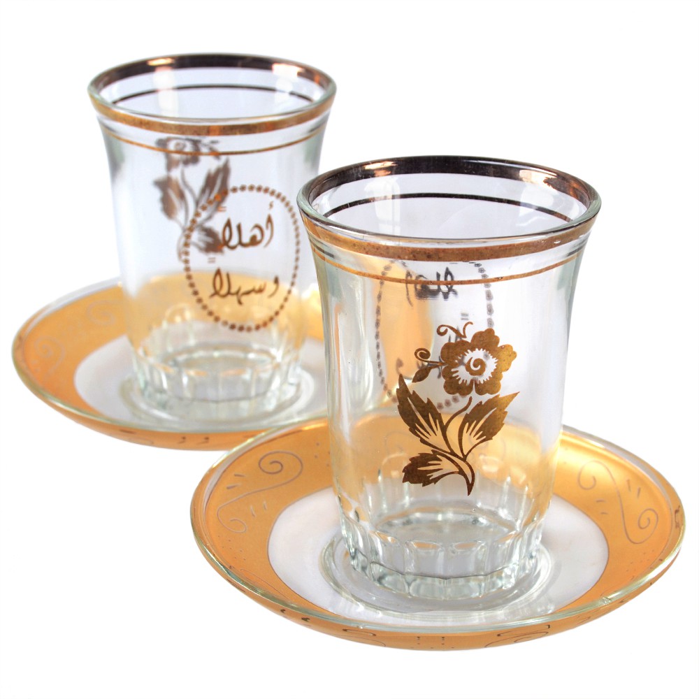 Juego 6 Vasos Y 6 Platitos - Especial Té - Decorado Dorado