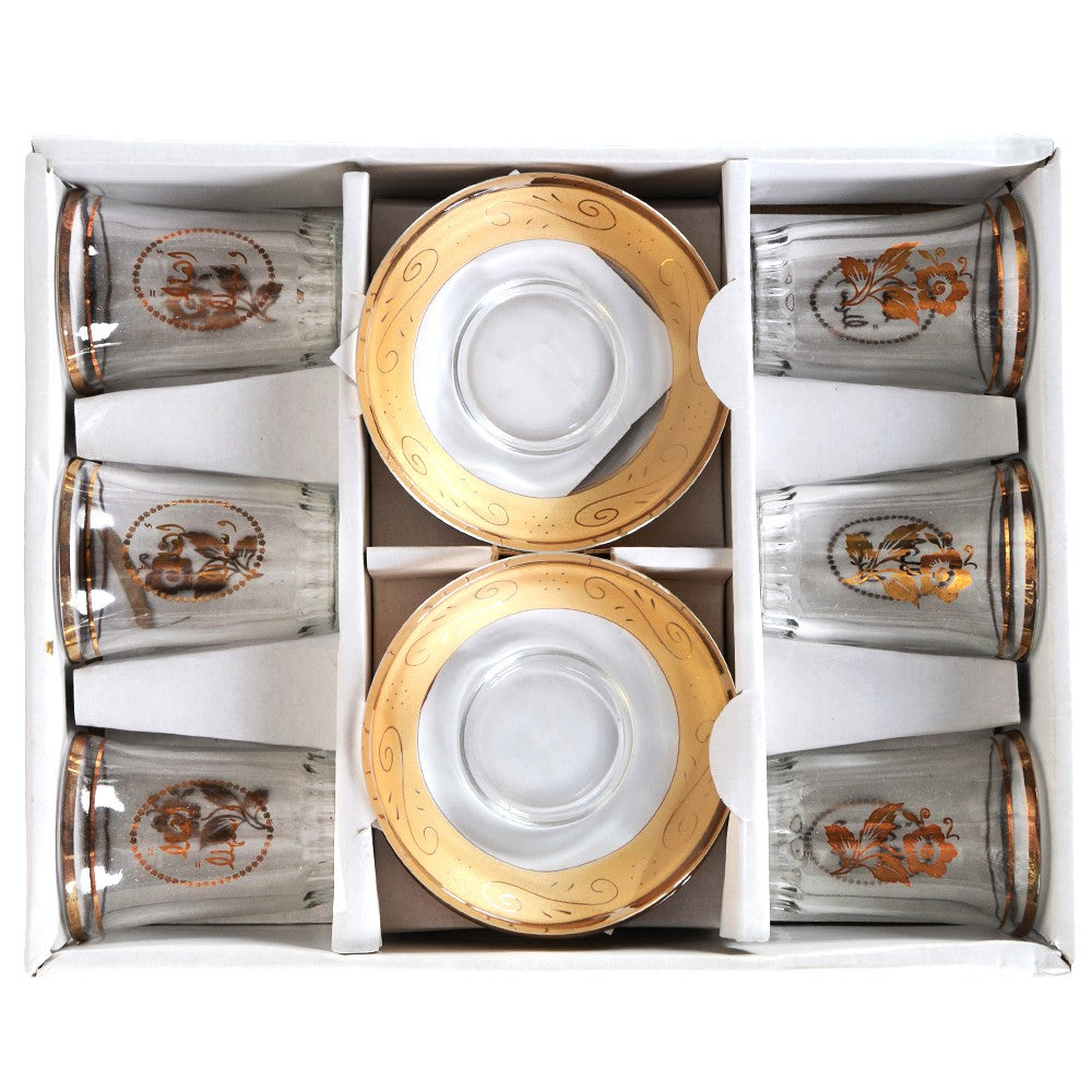 Juego 6 Vasos Y 6 Platitos - Especial Té - Decorado Dorado