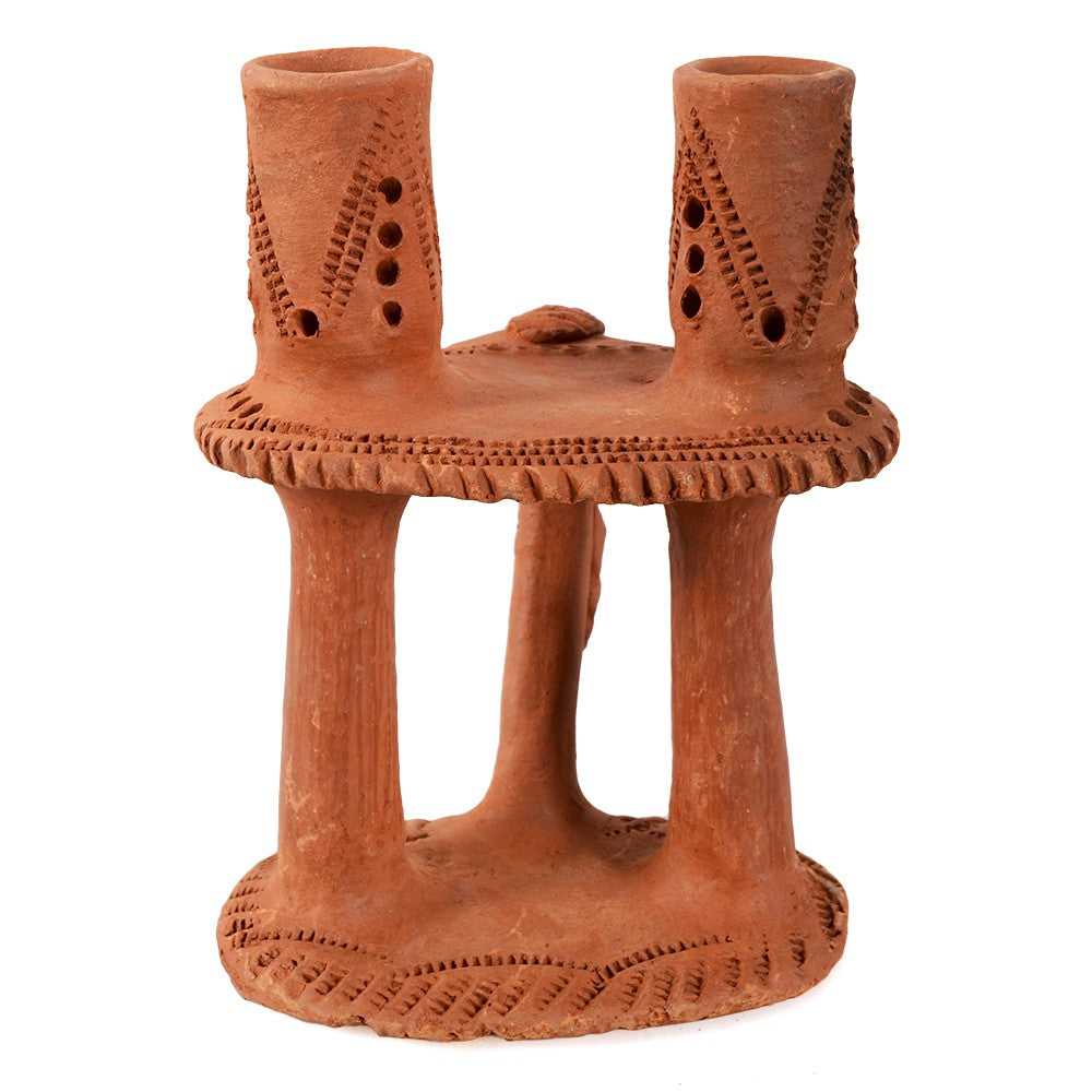 Porta Velas Barro - Para 2 Velas - Elaborado Y Decorado A Mano - 20 cm