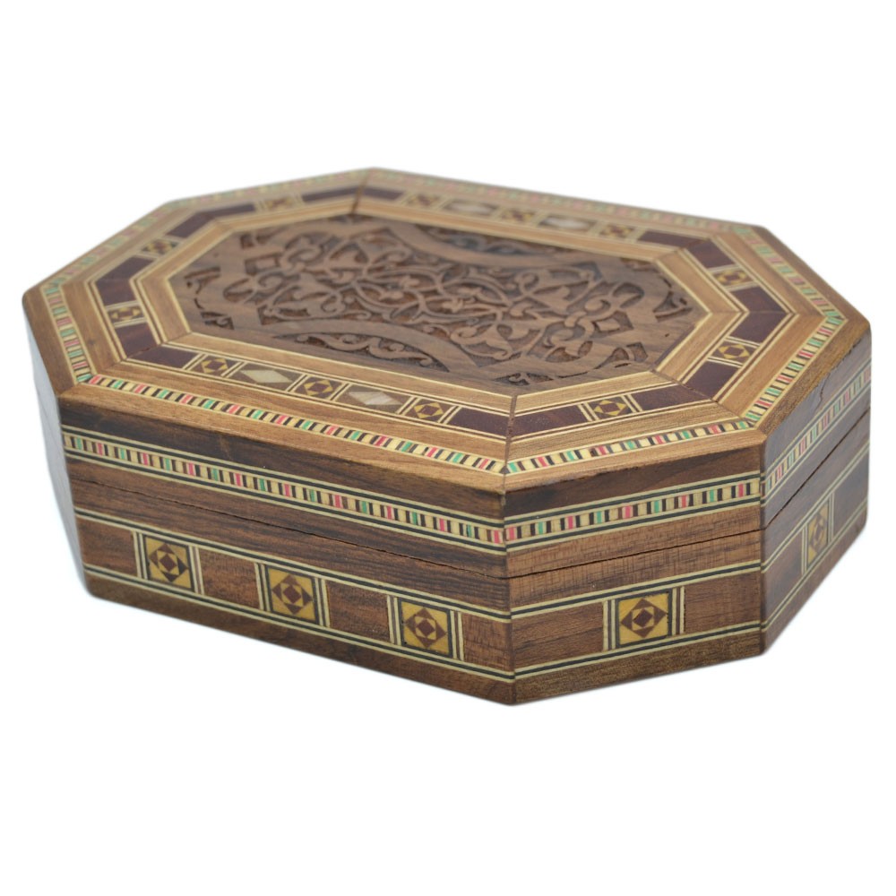 Caja Taracea Siria Octogonal - Tapa Madera Tallada- 16 cm