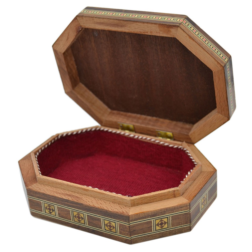 Caja Taracea Siria Octogonal - Tapa Madera Tallada- 16 cm