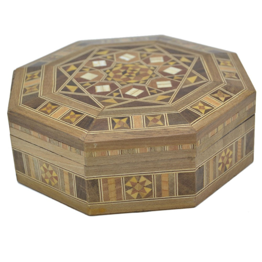 Caja Taracea Octogonal Siria - Tapa Decorado Geometrico- 15.5 cm