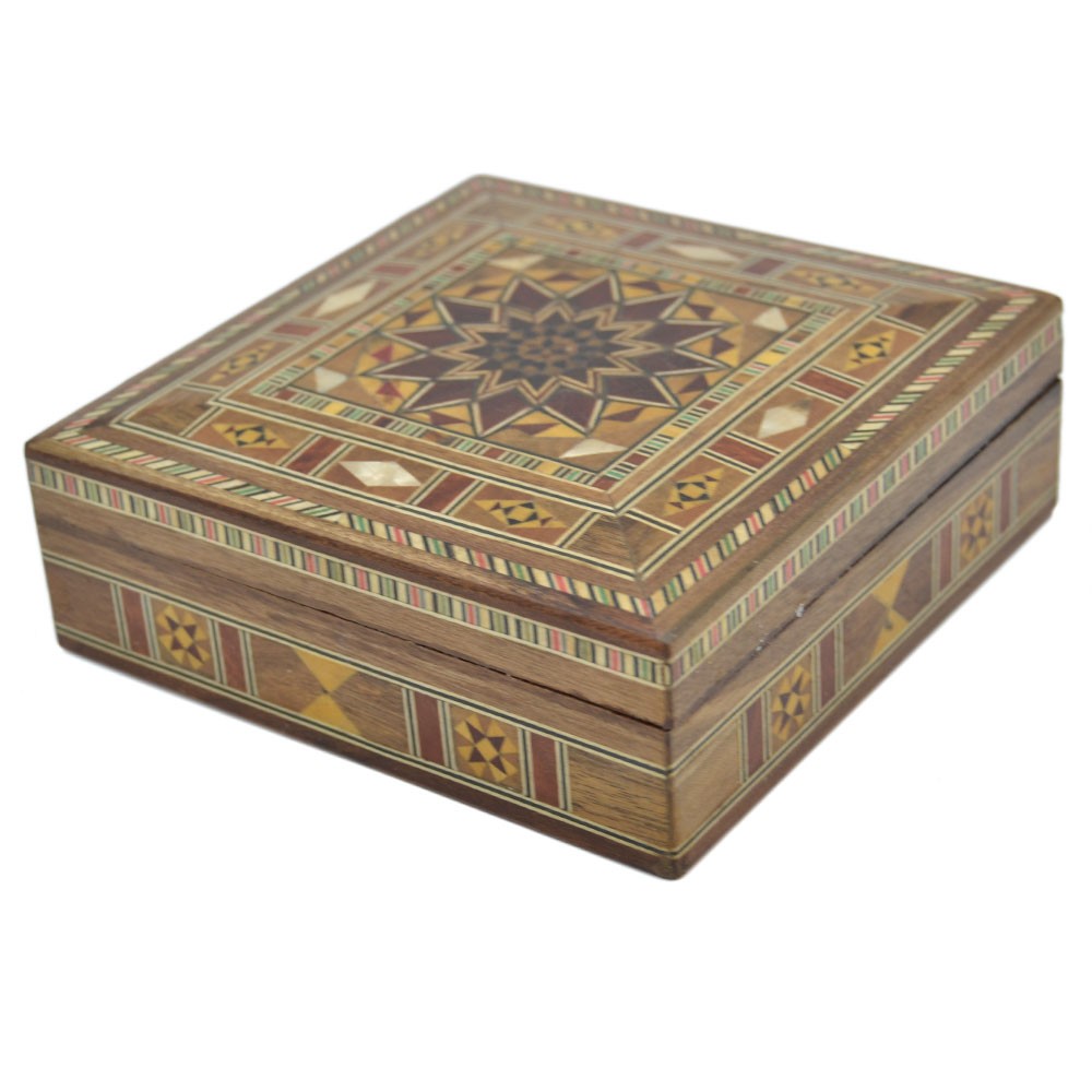 Caja Taracea Cuadrada Siria - Tapa Estrella 12 Puntas - 13 cm