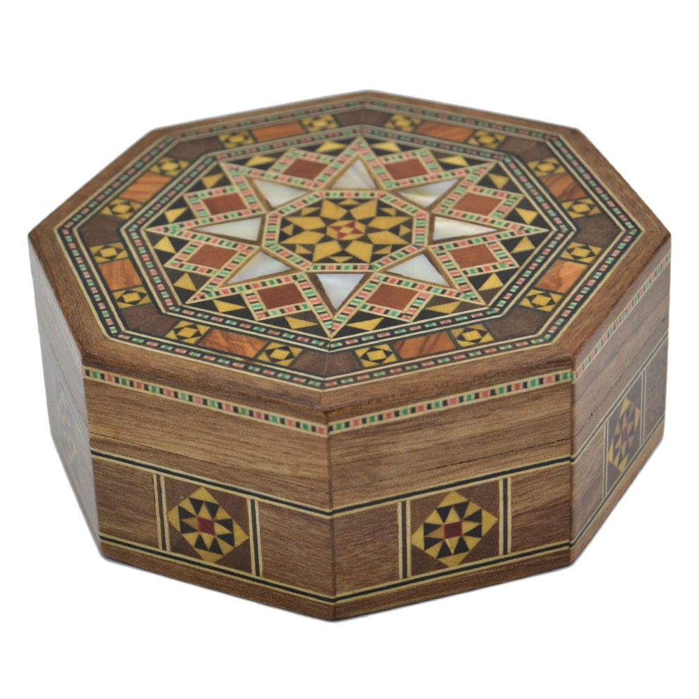 Caja Árabe Taracea Siria Octogonal - Tapa Estrella 8 Puntas - 11.5 cm