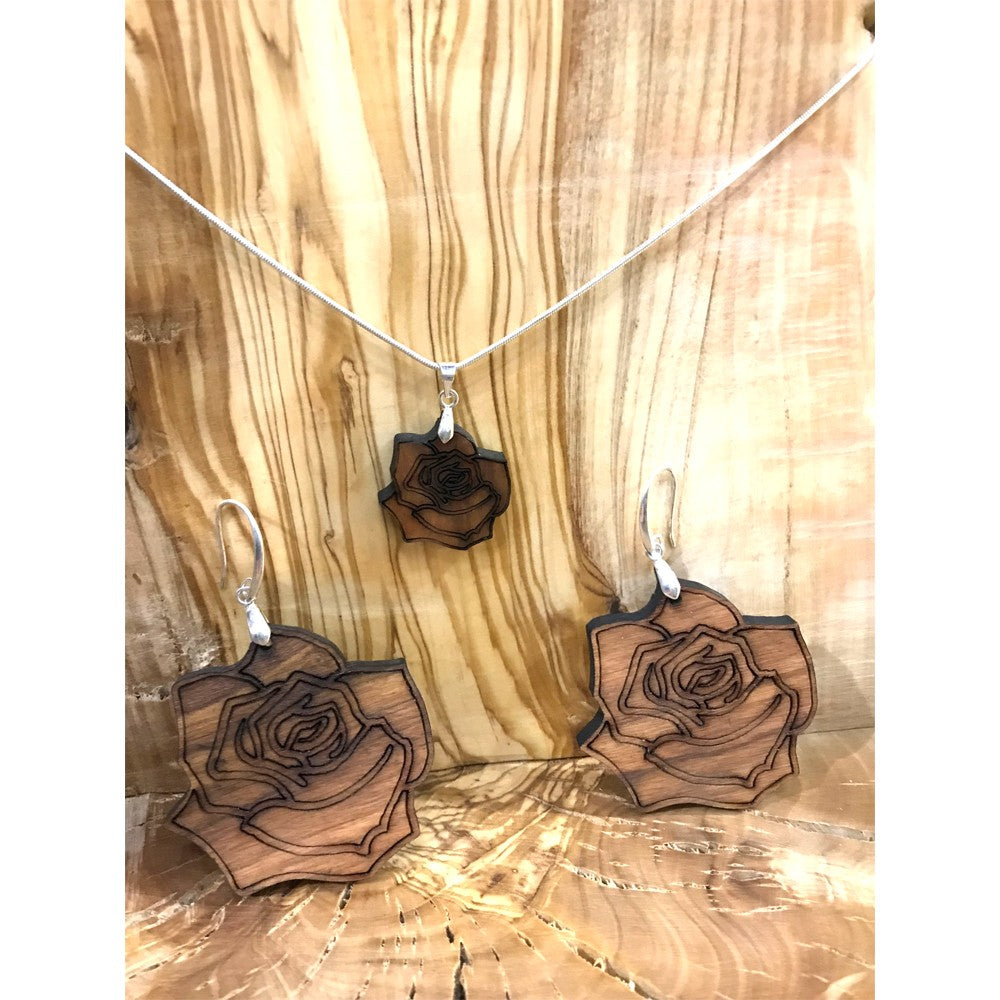 Conjunto Colgante y Pendientes Rosa - Madera de Olivo con Plata