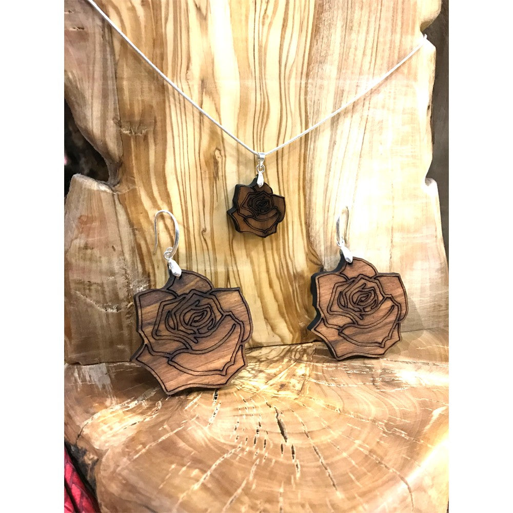 Conjunto Colgante y Pendientes Rosa - Madera de Olivo con Plata