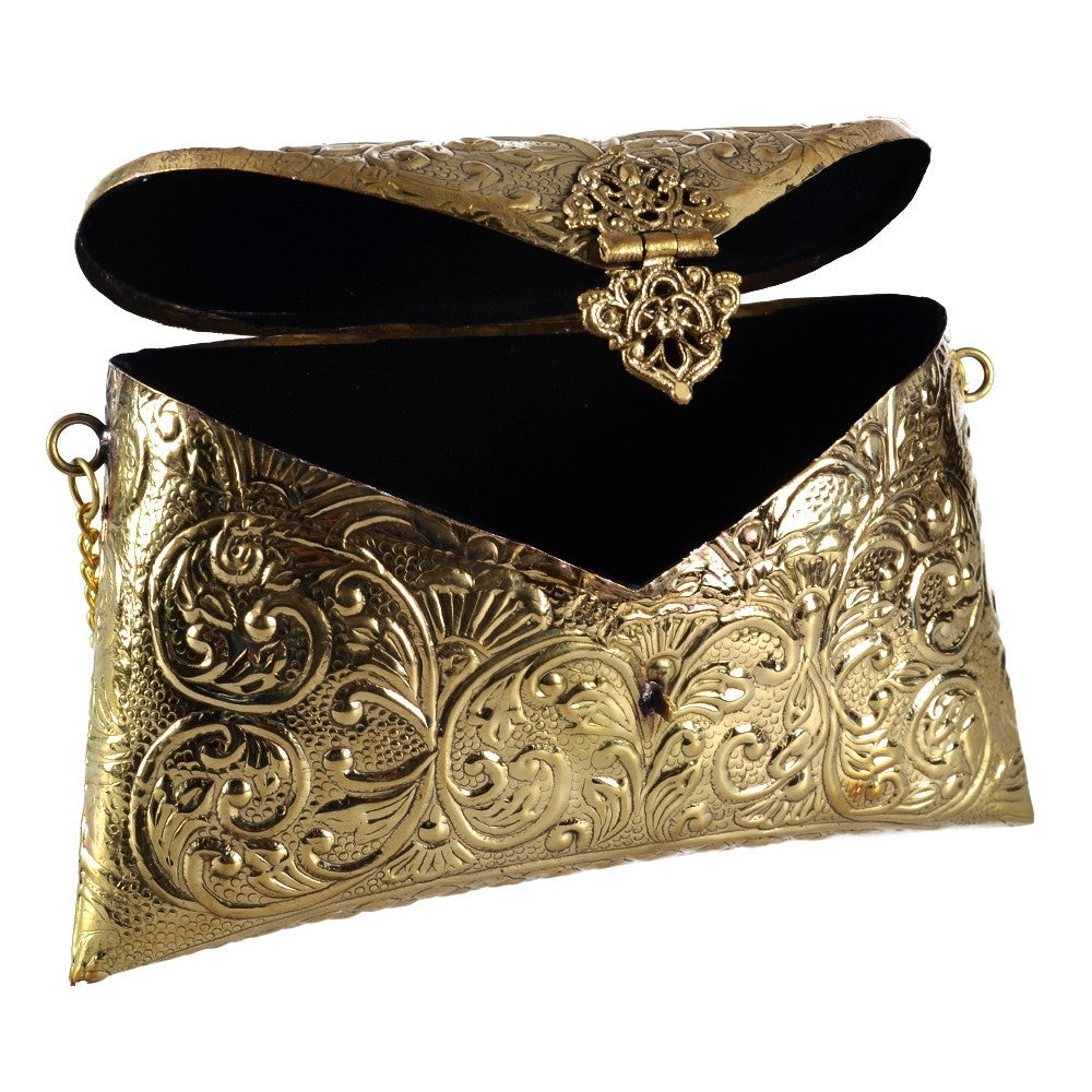 Bolso De Latón - Relieve Floral - Realizado Artesanalmente - Cadena y Cierre