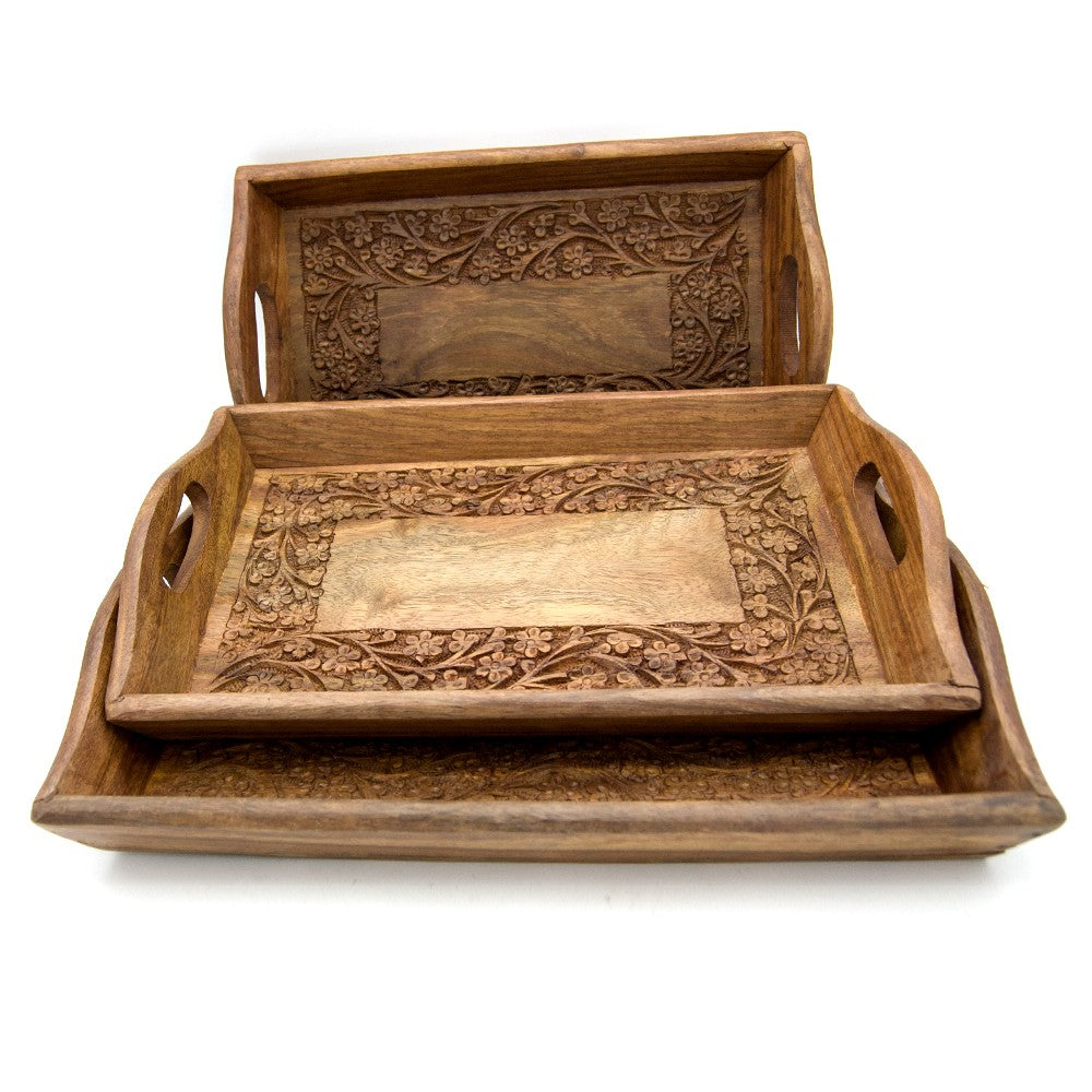 Juego 3 Bandejas Madera Tallada Diseño Floral - Modelo alsawani