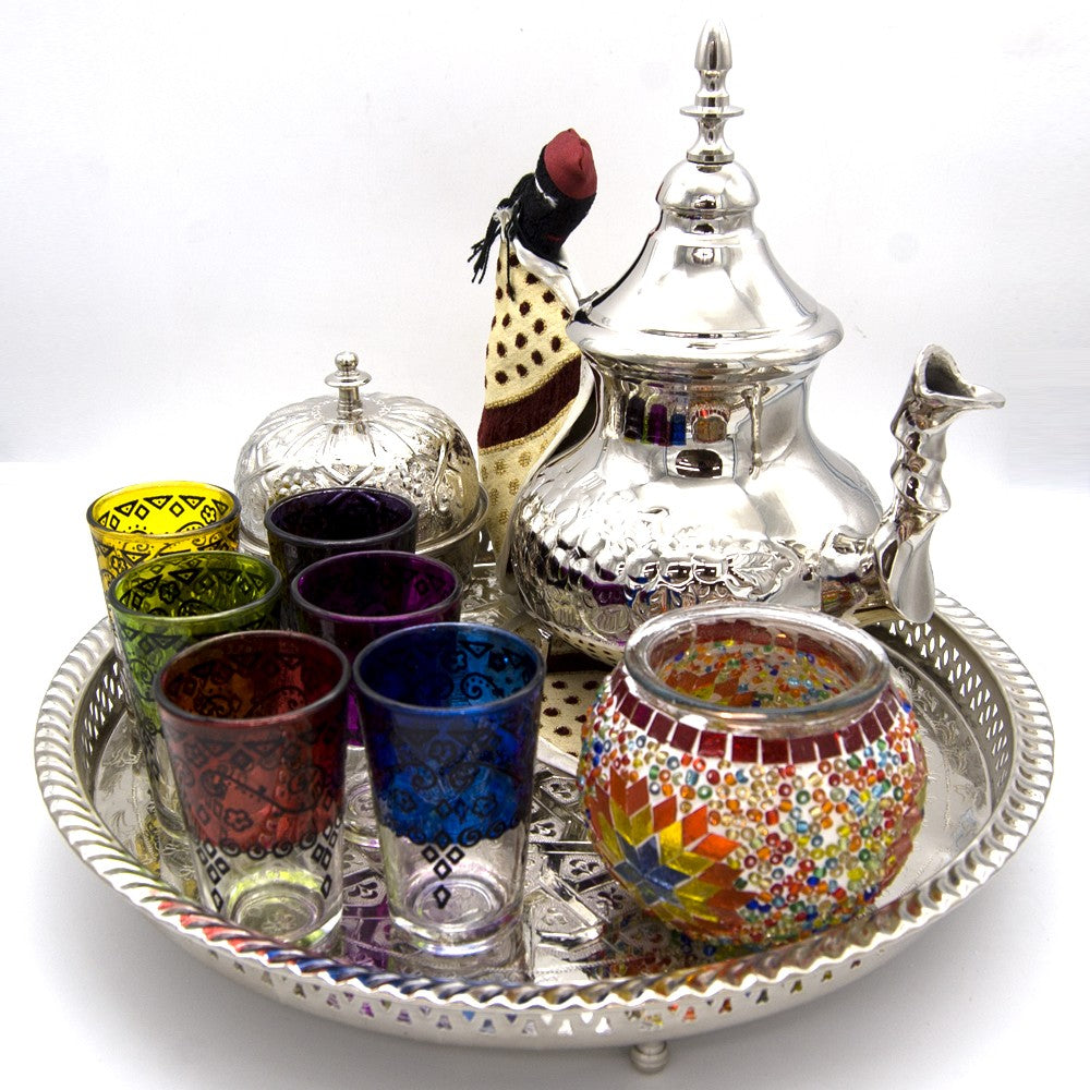 Pack Juego de Té - 12 Vasos + Tetera 1 l + Azucarero + Bandeja + Morito + Portavelas de Regalo