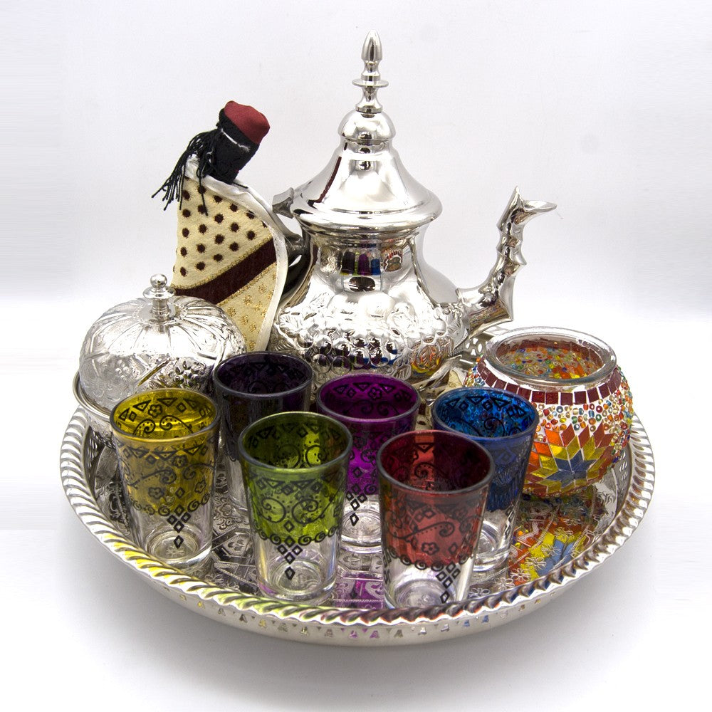 Pack Juego de Té - 12 Vasos + Tetera 1 l + Azucarero + Bandeja + Morito + Portavelas de Regalo
