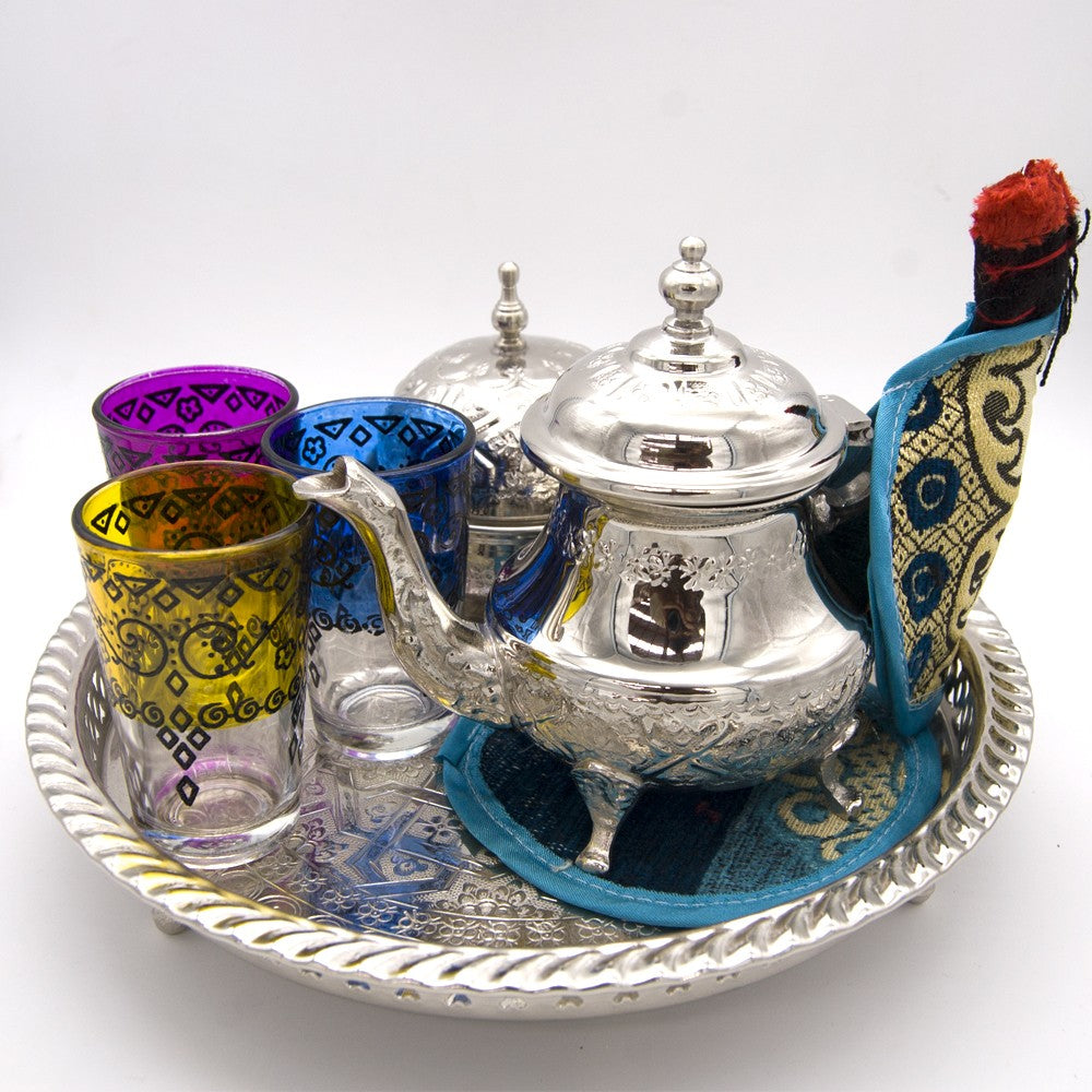 Juego de té Especial ModeloTánger - Tetera Gran Calidad + 6 Vasos - Azucarero + Morito + Salvamantel + Portavelas Turco REGALO