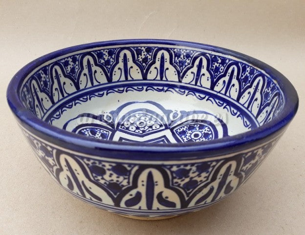 Bol o Cuenco Marroquí - Ensaladera - Ceramica Fez - Pintada a Mano - Azul y Blanco