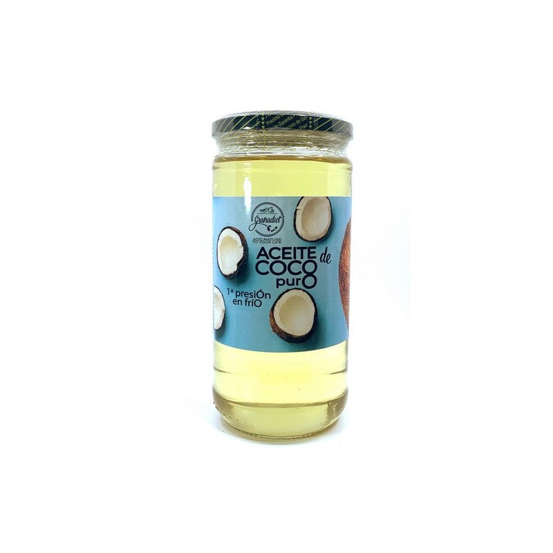 ACEITE COCO PURO 1ª PRESIÓN - BOTE CRISTAL 600 ML. - CULINARIO Y COSMÉTICO - GRANADIET