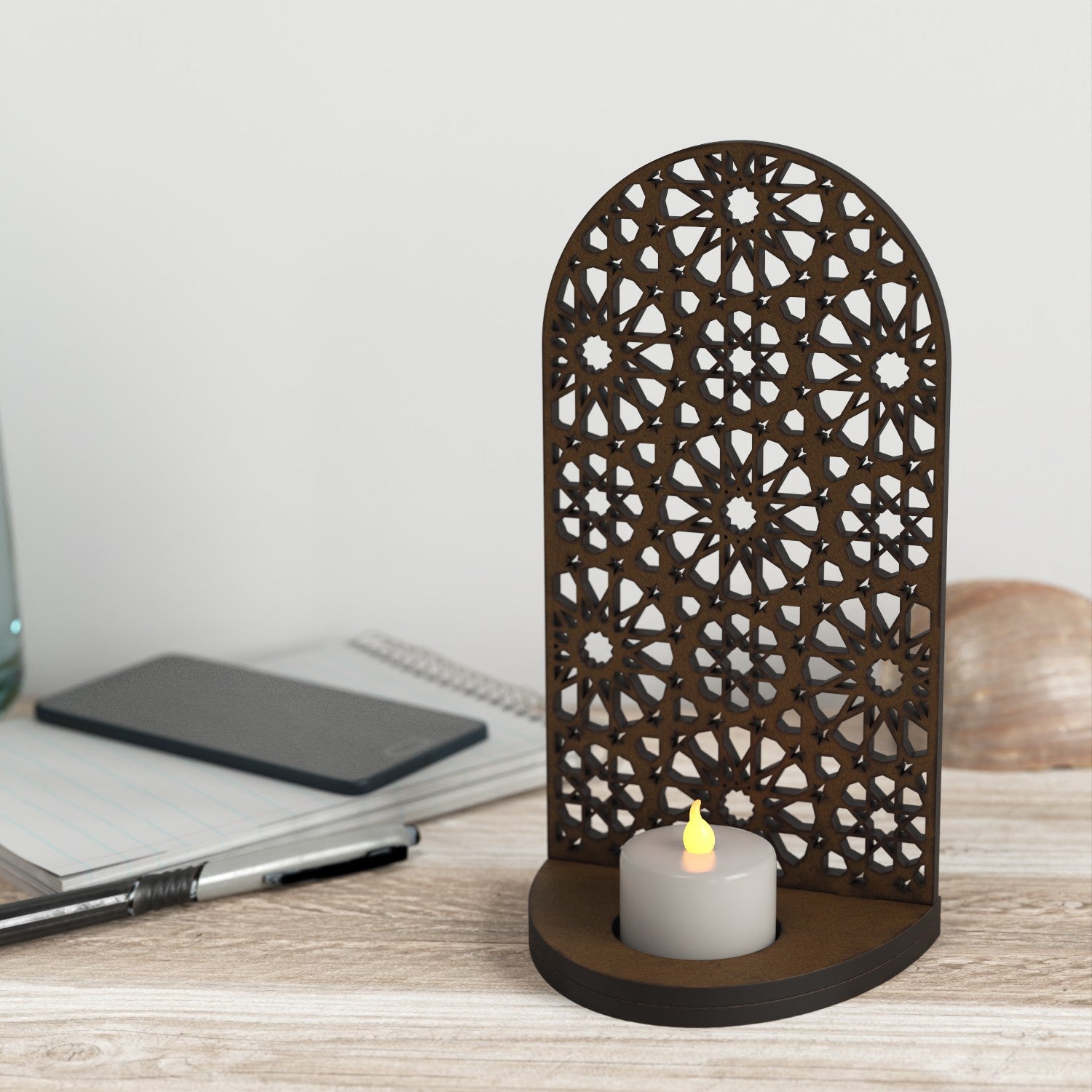 Portavelas Candelabro Celosía Madera Calada - Corte y Grabado Láser - Modelo Bab Fátima