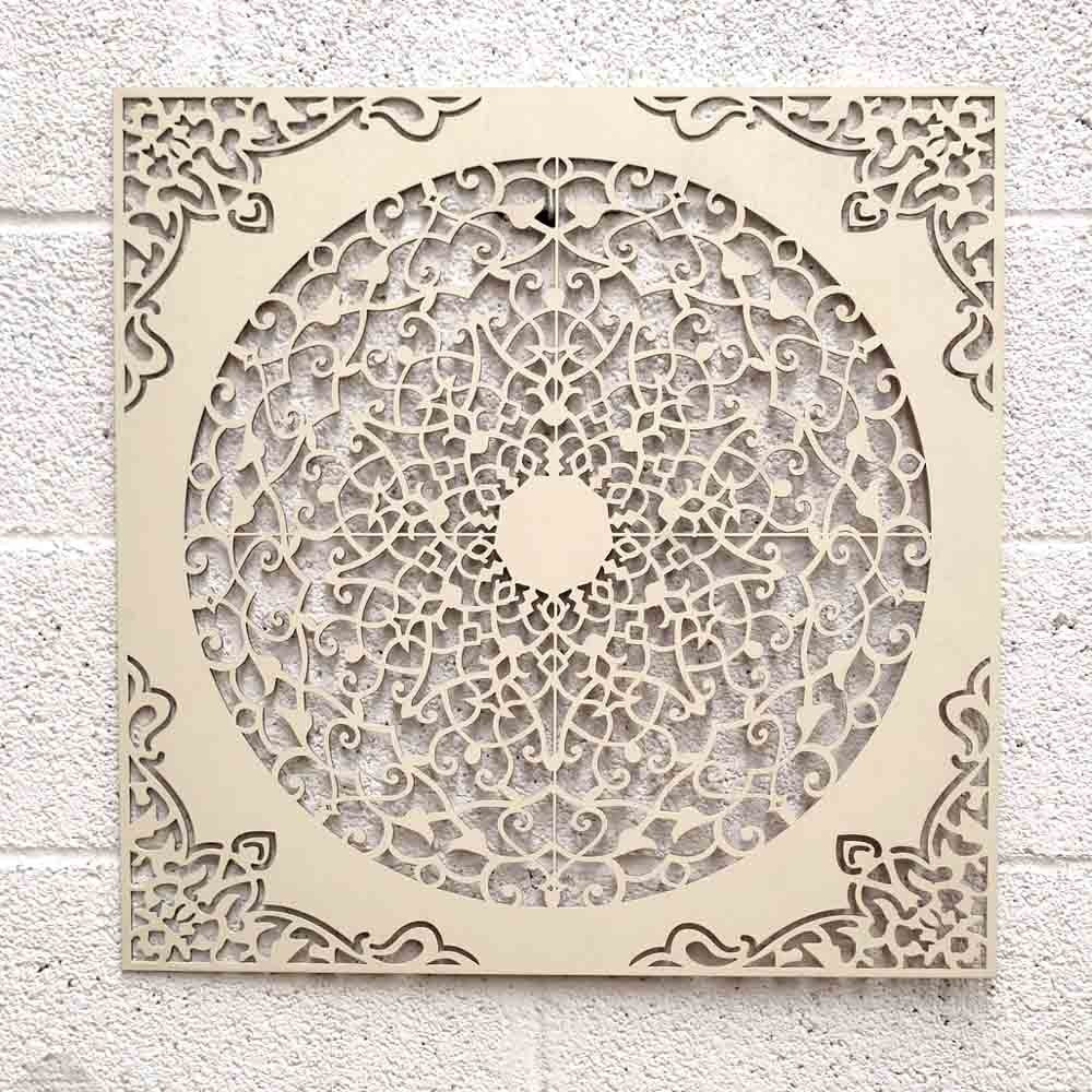 Cuadro Decorativo Celosía Madera Blanco Hueso - Decoración Oriental - Corte Láser - Modelo Esplendor - 60 x 60 cm