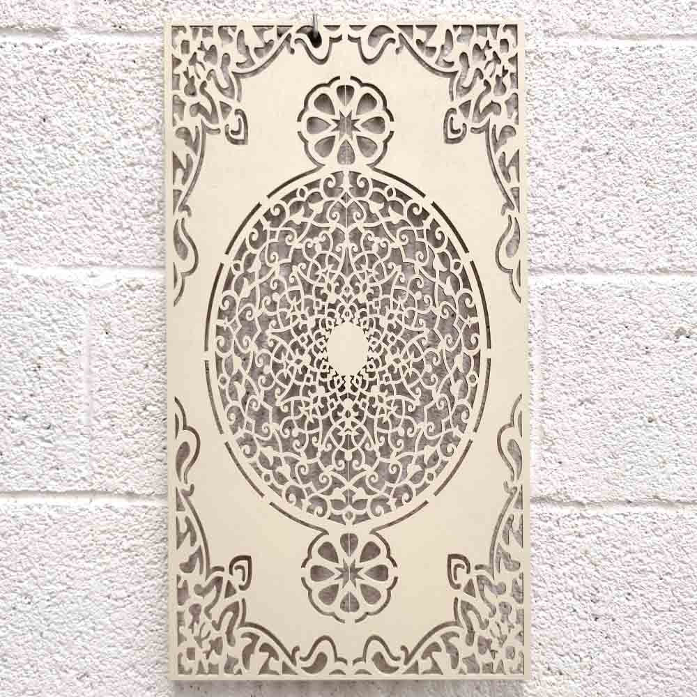 Cuadro Decorativo Celosía Madera Blanco Hueso - Decoración Oriental - Corte Láser - Modelo Esplendor - 60 x 30 cm